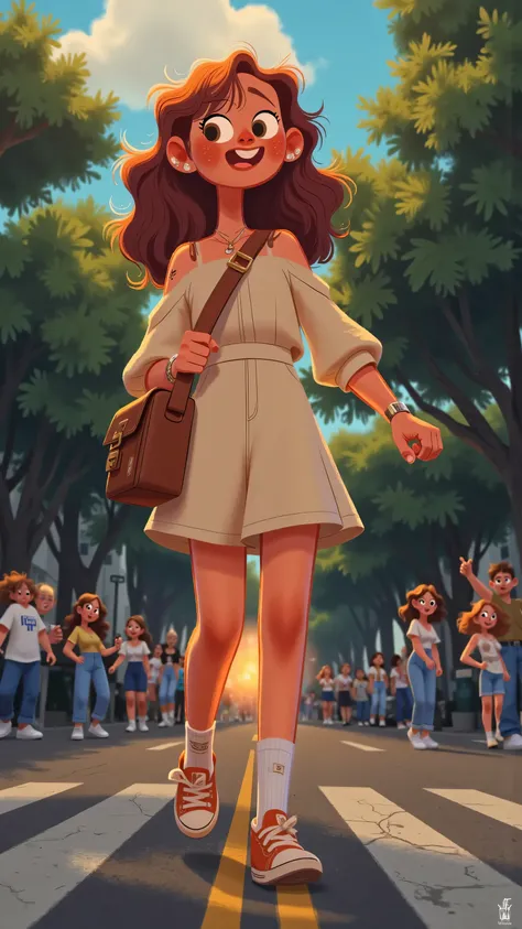 Panoramic aerial view front view+hand shake,creates a real sense of thrill;The heroine turned her back to the camera,A man crosses the street wearing a brown bag,long brown hair,wearing a white dress,white socks and colored sneakers;On a cloudy street corn...