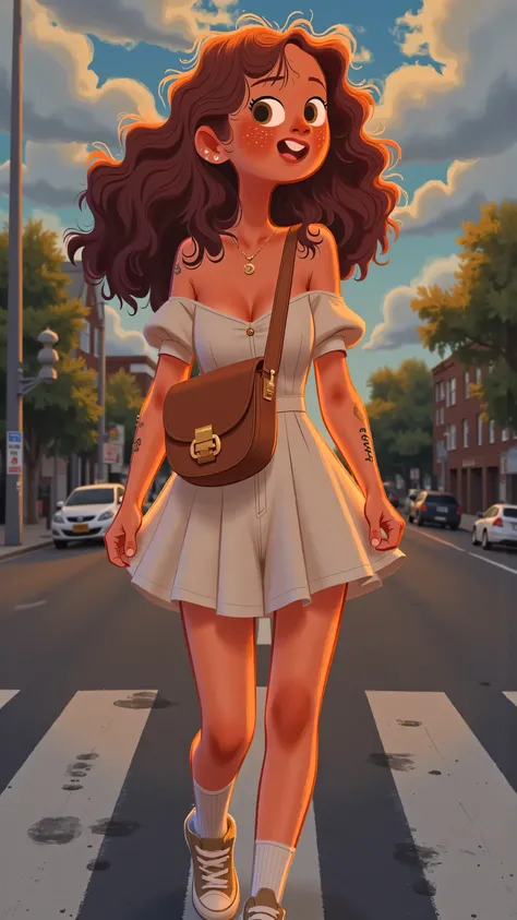Panoramic aerial view front view+hand shake,creates a real sense of thrill;The heroine turned her back to the camera,A man crosses the street wearing a brown bag,long brown hair,wearing a white dress,white socks and colored sneakers;On a cloudy street corn...