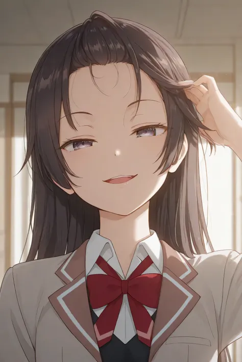 yuki suou, view from front, head tilt, small breast, school uniform, looking at viewer, smug, open mouth, attractive look, hand on hair, showing forehead