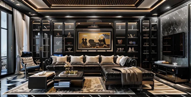 Original photo, classics, high quality, scarf,  authentic  , jacket, living room, Indochina glossy black furniture, 1 Indochinese style, 1 bed,  1 fur carpet , TV shelf  , shiny floor,  1 solid wood door :1.4,((laminated plaster,))), sunset light)), archda...