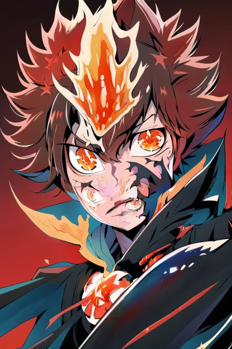 Solo, young boy, facing the viewer, brown hair, hairstyle of Tsunayoshi Sawada from Reborn, face of Tsunayoshi Sawada from Reborn, eyes in the red wine color tone, long bangs, perfect anatomy, black horns of Uzen Kyouka from Chained Soldier, eyes horns the...
