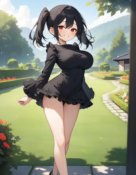 score_9, longlegs_v0.22_pony, landscape, garden, BREAK, solo, 1 small skinny girl walking, skinny petite girl, arched back, arms behind back, (bouncing huge breasts), smile for viewer, half-closed eyes, (jitome), tiptoe, BREAK, black hair, (very long two s...