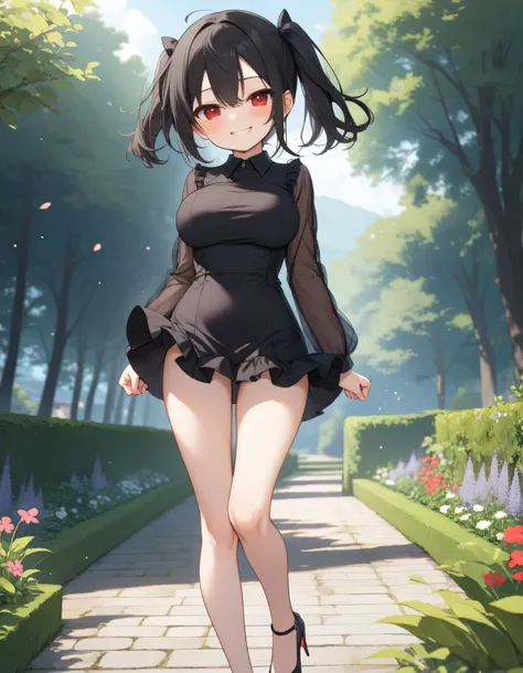 score_9, longlegs_v0.22_pony, landscape, garden, BREAK, solo, 1 small skinny girl walking, skinny petite girl, arched back, arms behind back, (bouncing huge breasts), smile for viewer, half-closed eyes, (jitome), tiptoe, BREAK, black hair, (very long two s...