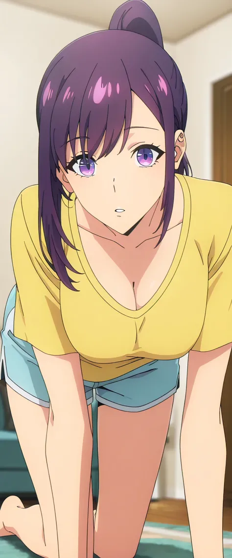 anime screencap, masterpiece, best quality,

1girl, solo, parted lips,
purple hair, purple eyes, high ponytail,
JinahHome, t-shirt, yellow shirt, blue shorts, cleavage, medium tight breasts, standing pose look at closing view,
all fours, looking at the vie...