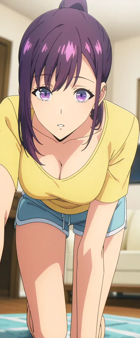 anime screencap, masterpiece, best quality,

1girl, solo, parted lips,
purple hair, purple eyes, high ponytail,
JinahHome, t-shirt, yellow shirt, blue shorts, cleavage, medium tight breasts, standing pose look at closing view,
all fours, looking at the vie...