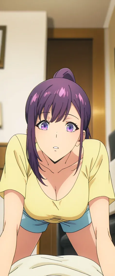 anime screencap, masterpiece, best quality,

1girl, solo, parted lips,
purple hair, purple eyes, high ponytail,
JinahHome, t-shirt, yellow shirt, blue shorts, cleavage, medium tight breasts, standing pose look at closing view,
all fours, looking at the vie...