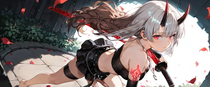((masterpiece, best quality, ultra detailed, high resolution, beautiful detailed face, beautiful detailed eyes, perfect hands, 4K)), (1 woman, solo), oni, one cute horn, (medium breasts), (girl with long hair, straight bangs, soft layers, neat around ears ...