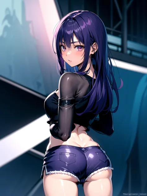 1girl,silver hair,dark skin,purple hair, dolphin shorts, pink shorts, looking back, ass, pantyshot,, masterpiece, best quality, highly detailed