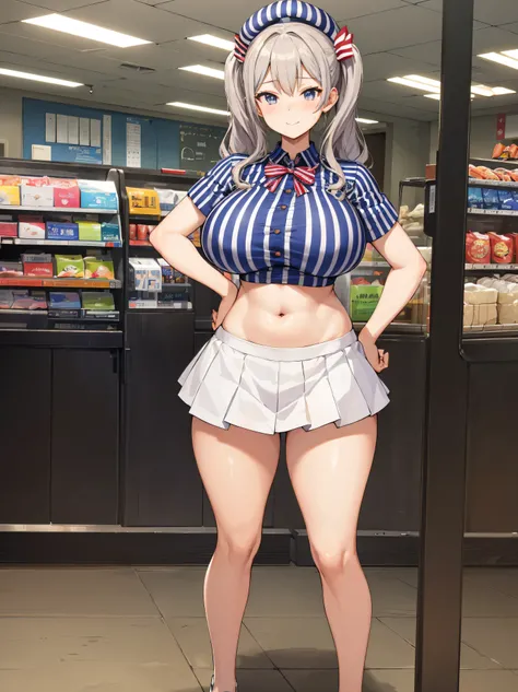 (masterpiece, Highest quality:1.2), alone, 1 girl, Kashima Lawson, smile, Looking at the audience, Hands on hips, Twin tails, beret, employee uniform, (Striped shirt), skirt,indoor, convenience store,(Huge round breasts:1.4),(Firm stomach),(athlete&#39;s chest),An athletic body,(Black bra),Firm stomach,Excited,Sweat,Troubled face,Showing off your bra,Accentuate your breasts,Open shirt,From below