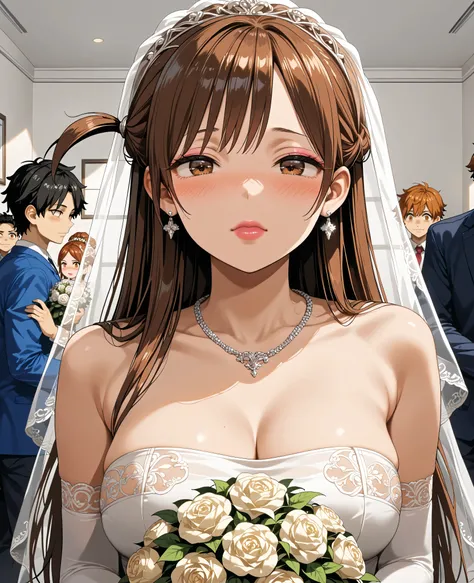 wince,Chizuru Mizuhara, chizuru_mizuhara, Long hair, Bangs, brown hair, brown eyes,  one side up ,
(((Pixel Perfect, Perfect Details))), alone, 1 girl，bride，  on campus，（Close Your Mouth 1 .hiny pink lips,bride禮服的特写,Gulwitz, (bride頭紗：1.4)，（（transparent sho...