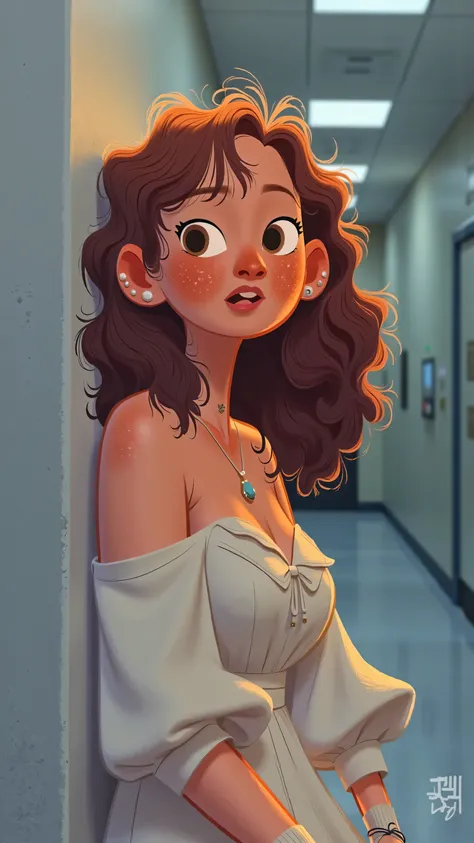 hospital hallway plot illustration:Female protagonist(long brown hair,wearing a white dress,white socks and colored sneakers)Lean against the wall coldly,ostensibly estranged yet softly,Showing a slight tenderness。Soft ceiling lamp,hospital soft gray-blue ...