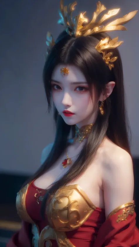 Close-up of a woman in a red dress and gold jewelry，Royal Sister，Superb beauty，a queen，Beautiful and elegant queen, portrait of a queen,  Xianxia, a beautiful fantasy empress, xianxia fantasy, Beautiful young wind spirit, inspired by Li Mei-shu, ((a beauti...