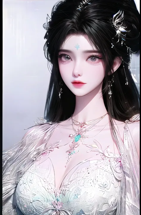 monochrome, top down, (big breasts), qingyi, 1 girl, hair ornament, black hair, kaminary, solo, long hair, electric, lips, topless, forehead marks, closed mouth, bare shoulders, water, sexy lingerie, looking viewer, blurred background, best quality, master...