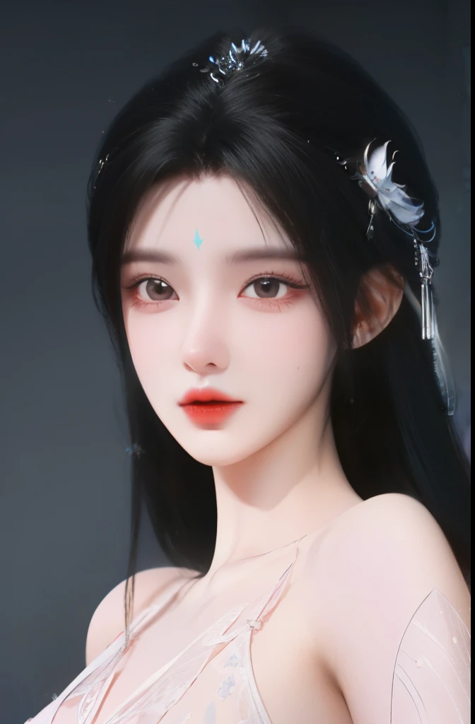 monochrome, top down, (big breasts), qingyi, 1 girl, hair ornament, black hair, kaminary, solo, long hair, electric, lips, topless, forehead marks, closed mouth, bare shoulders, water, sexy lingerie, looking viewer, blurred background, best quality, master...