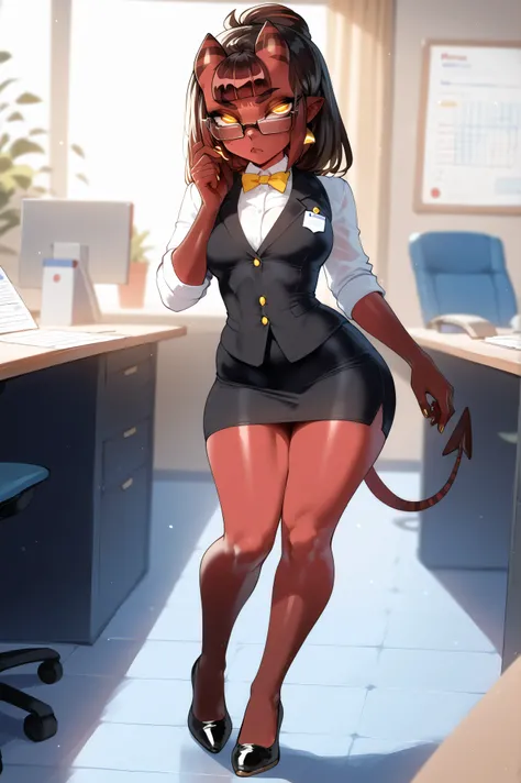 Meruccubus from "Merunyaa" oficial artist, red skin, succubus, yellow eyes, BROWN HAIR
FULL BODY, ultra detailed, absolutely high resolution, masterpiece;
(secretary outfit, serious and fearful face, glasses, tight clothes marking her waist and breasts, ti...