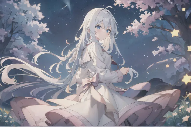 (best quality,   masterpiece, high resolution),1 girl,alone,long hair,  bangs,Cowboy Shooter,  blurry,wind,lightweight particles,(super detailed),  REAL LIGHTING , 4K,  8,000,white dress ,  skirt，White hair, long hair，night，Sky，Star，Stars，抬头望向Sky，backgroun...