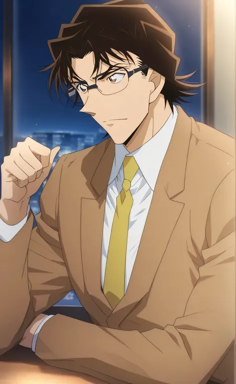 1male,solo,Sōsuke Aizen,aizen hair,brown hair,brown eyes,glasses,black glasses,brown suit,white shirt,yellow necktie,muscle,detective conan,