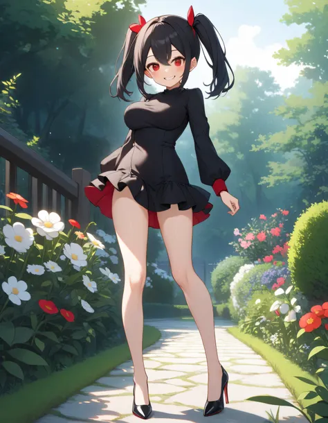 score_9, longlegs_v0.22_pony, landscape, garden, BREAK, solo, 1 skinny girl walking, arched back, arms behind back, (bouncing huge breasts), smile for viewer, (jitome), tiptoe, BREAK, black hair, (very long two side up:1.1), red eyes, narrow shoulders, too...