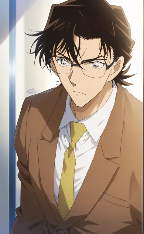 1male,solo,Sōsuke Aizen,aizen hair,brown hair,brown eyes,glasses,black glasses,brown suit,white shirt,yellow necktie,muscle,detective conan,