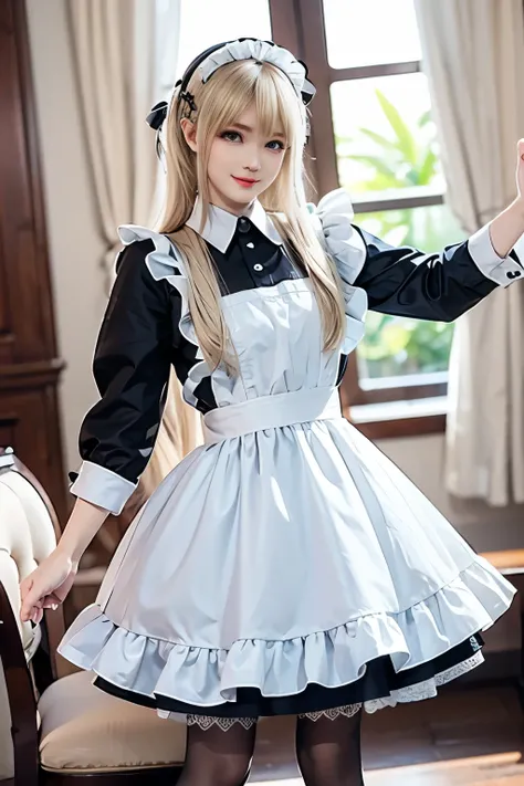 Marie Rose, dark blue eyes, blonde hair, long hair, hair down, shy, smile, facing front, maid attire, black pantyhose, transparent clothes