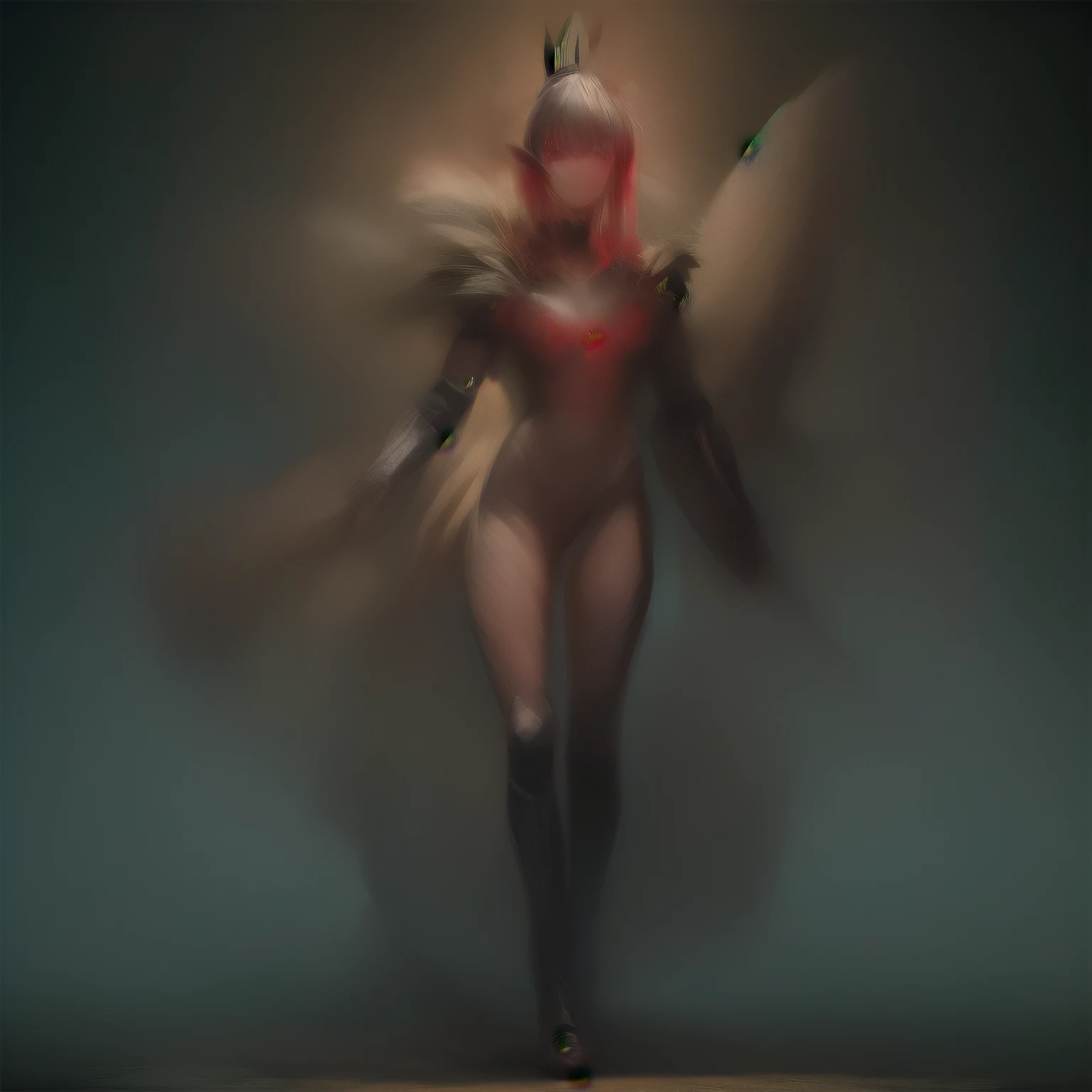 (Masterpiece, better quality:1.2), Pie split, standing on one leg, (majestic, fog , female enough Demon), (Volcanoico, infernal, creature), (dark, Scarlet, fur), (high resolution, 8k wallpaper), textured, sculpted muscles, vibrant, bright eyes, sultry, Sm...