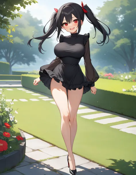 score_9, longlegs_v0.22_pony, landscape, garden, BREAK, solo, 1 skinny girl walking, arched back, arms behind back, (bouncing huge breasts), smile for viewer, (jitome), tiptoe, BREAK, black hair, (very long two side up), red eyes, narrow shoulders, too sma...