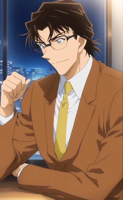 1male,solo,Sōsuke Aizen,aizen hair,brown hair,brown eyes,glasses,black glasses,brown suit,white shirt,yellow necktie,smile,muscle,detective conan,
