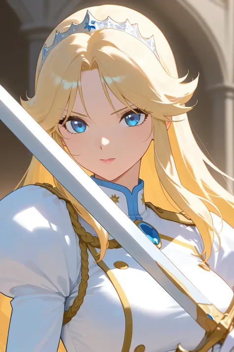 Anime woman, princess, blonde hair, blue eyes, sword, white uniform, serius.