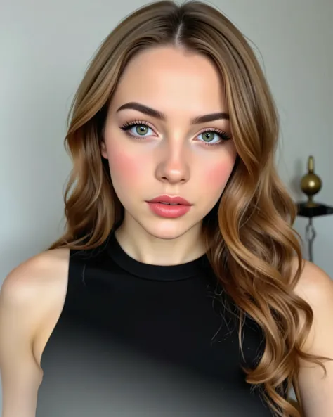 1woman, beautiful, perfect facial features, golden ratio, fair skin, curvy hairs, light brown hairs, long open hairs, bright aqua color eyes, visible eyelashes, silver pink eyeshadows, red lips, matte lips, natural blush, wearing a black off shoulder party...