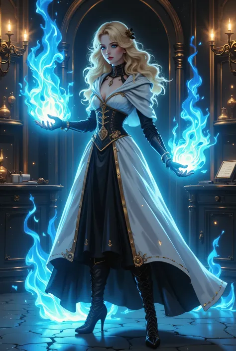 a vintage photo made in 1890's, black and white picture, the only color is blue, of a mecha woman wizard, standing proudly, manipulating magical blue fire, ((only the fire is blue)) extremely beautiful woman (best Detailed, Masterpiece, Hyperrealistic) blo...