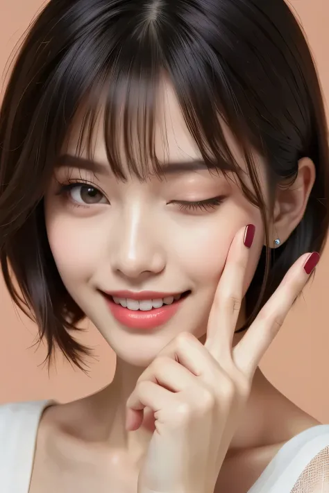 ((horizontal peace sign 1 next to face.5)),((Frame up to the waist 2.0)), cafe terrace seat(short short hair),long slant eyes,Foxy face,bright smile showing teeth,Cute Costumes,makeup,piercing,high image quality,after being played in high definition,8K
