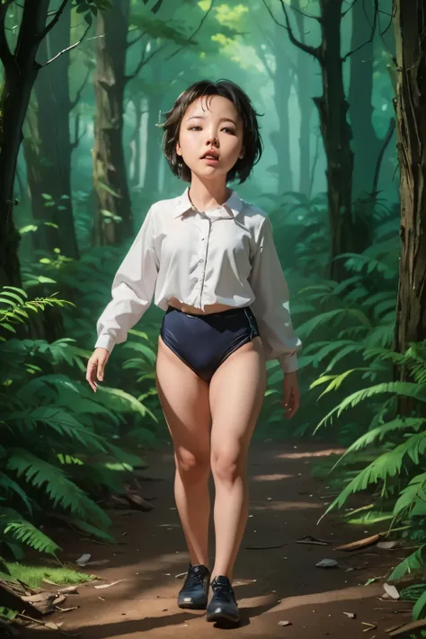(masterpiece, highest quality), 1 girl, beautiful face, beautiful body, wearing a Black gymnastics bloomers, High leg、white blouse, cowboy shot、Are standing、full body portrait、alone, complex details, enlarged textures, complex details, finely detailed ...