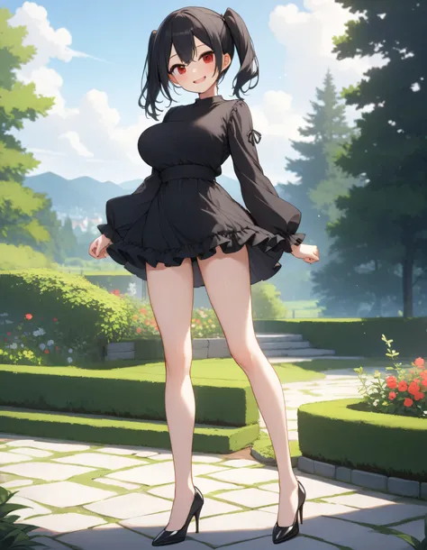score_9, longlegs_v0.22_pony, landscape, garden, BREAK, solo, 1 skinny girl walking, arched back, arms behind back, (bouncing huge breasts), smile for viewer, (jitome), tiptoe, BREAK, black hair, (very long two side up), red eyes, narrow shoulders, too sma...