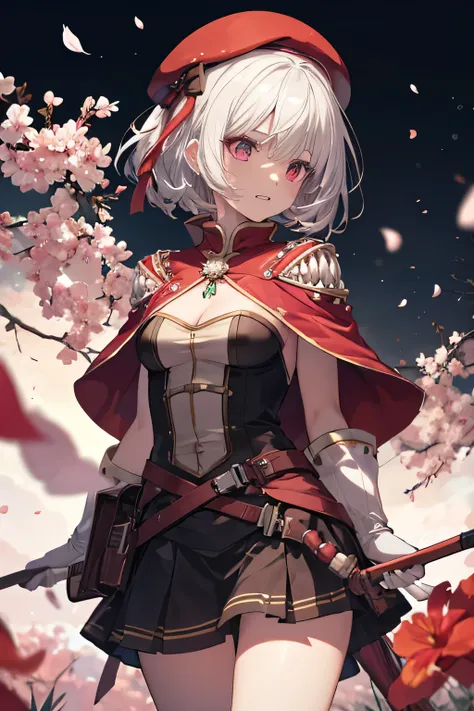 Serious girl, white hair, (showing teeth), standing, fondo RPG, fondo RPG(RPG), complete anatomy, Graphic Effects, height 159 cm ( 5 feet 3 inches ), summoning circle background, red beret, strong breeze , sakura petals and leaves, highly detailed fac...