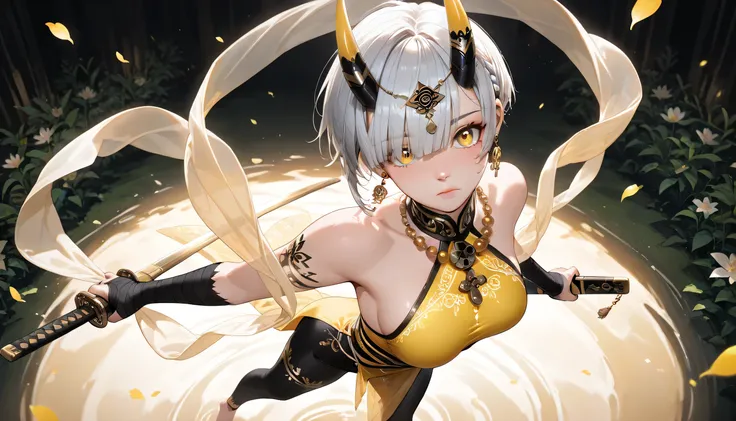((masterpiece, best quality, ultra detailed, high resolution, beautiful detailed face, beautiful detailed eyes, perfect hands, 4K)), (1 woman, solo), oni, one cute horn, (medium breasts), (girl with short pixie cut, straight bangs, soft layers, neat around...