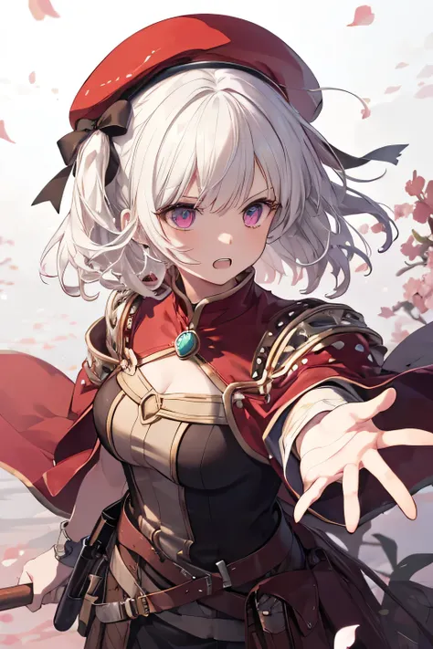 Serious girl, white hair, (showing teeth), standing, fondo RPG, fondo RPG(RPG), complete anatomy, Graphic Effects, height 159 cm ( 5 feet 3 inches ), summoning circle background, red beret, strong breeze , sakura petals and leaves, highly detailed fac...
