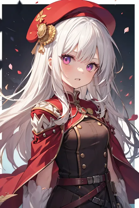 Serious girl, white hair, (showing teeth), standing, fondo RPG, fondo RPG(RPG), complete anatomy, Graphic Effects, height 159 cm ( 5 feet 3 inches ), summoning circle background, red beret, strong breeze , sakura petals and leaves, highly detailed fac...