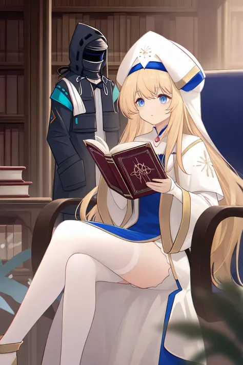 Create a Priestess character from the Arknight game who is in the library reading a book accompanied by a doctor from the Arknight game.
