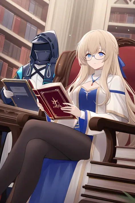 Create a Priestess character from the Arknight game who is in the library reading a book accompanied by a doctor from the Arknight game.