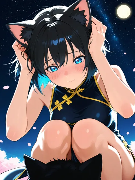anime-style girl, shy and blushing expression, looking downward, crouching with knees together, body slightly hunched forward, ((both hands clearly placed on top of her head)), ((gently holding and touching her own black cat ears)), cat ears slightly folde...
