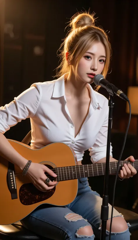 A stunning European girl with blonde hair styled in a high bun, sitting on a stage while singing and playing an acoustic guitar. She has big, soulful eyes and soft pink lips almost touching a modern microphone. She wears a tight-fitting white button-down s...