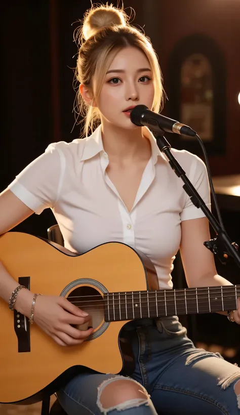 A stunning European girl with blonde hair styled in a high bun, sitting on a stage while singing and playing an acoustic guitar. She has big, soulful eyes and soft pink lips almost touching a modern microphone. She wears a tight-fitting white button-down s...