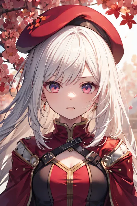 Serious girl, white hair, (showing teeth), fondo RPG, fondo RPG(RPG), complete anatomy, Graphic Effects, height 159 cm ( 5 feet 3 inches ), summoning circle background, red beret, strong breeze , sakura petals and leaves, highly detailed face, Masterp...