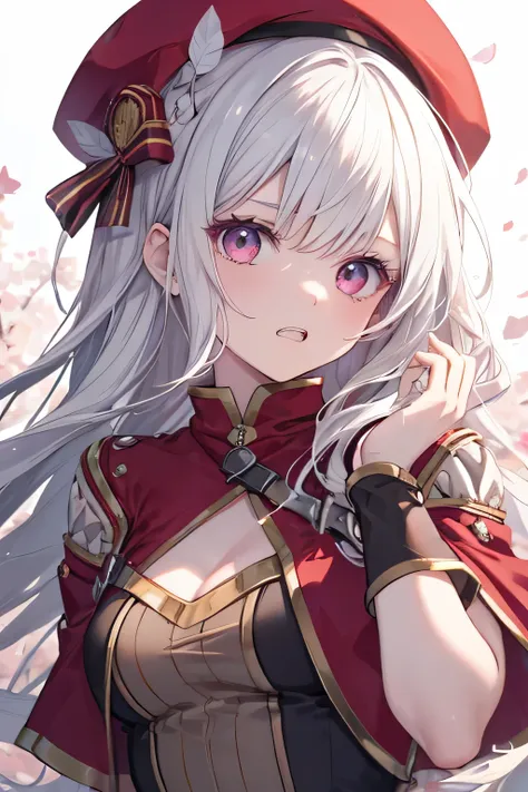 Serious girl, white hair, (showing teeth), fondo RPG, fondo RPG(RPG), complete anatomy, Graphic Effects, height 159 cm ( 5 feet 3 inches ), summoning circle background, red beret, strong breeze , sakura petals and leaves, highly detailed face, Masterp...