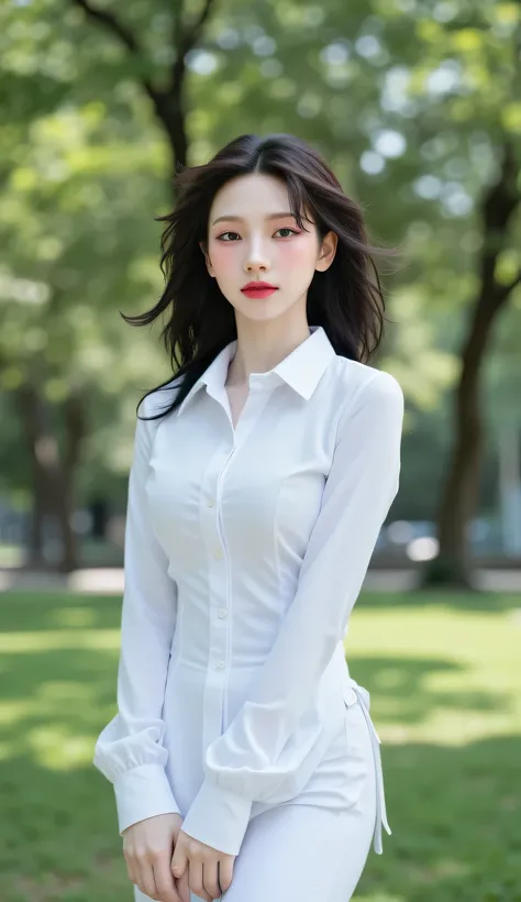 a beautiful woman, standing in the city park , use long sleeve formal shirt of white color, leggings in white, big red lips