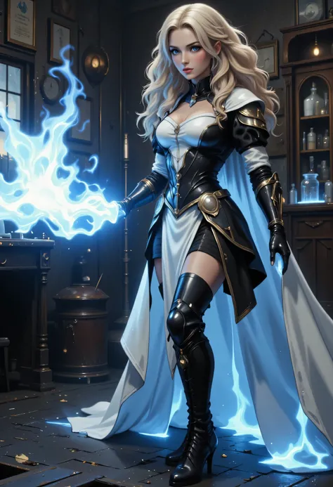 a vintage photo made in 1890's, black and white picture, the only color is blue, of a mecha woman wizard, standing proudly, manipulating magical blue fire, ((only the fire is blue)) extremely beautiful woman (best Detailed, Masterpiece, Hyperrealistic) blo...
