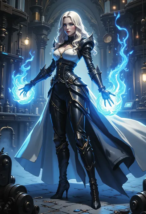 a vintage photo made in 1890's, black and white picture, the only color is blue, of a mecha woman wizard, standing proudly, manipulating magical blue fire, ((only the fire is blue)) extremely beautiful woman (best Detailed, Masterpiece, Hyperrealistic) blo...