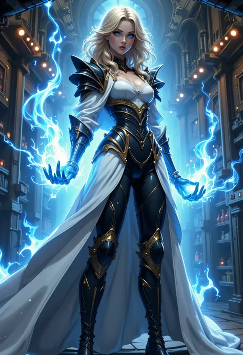 a vintage photo made in 1890's, black and white picture, the only color is blue, of a mecha woman wizard, standing proudly, manipulating magical blue fire, ((only the fire is blue)) extremely beautiful woman (best Detailed, Masterpiece, Hyperrealistic) blo...