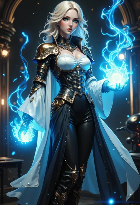 a vintage photo made in 1890's, black and white picture, the only color is blue, of a mecha woman wizard, standing proudly, manipulating magical blue fire, ((only the fire is blue)) extremely beautiful woman (best Detailed, Masterpiece, Hyperrealistic) blo...