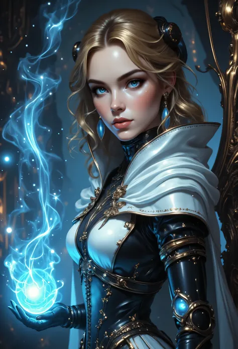 a vintage photo made in 1890's, black and white picture, the only color is blue, of a mecha woman wizard, standing proudly, manipulating magical blue fire, ((only the fire is blue)) extremely beautiful woman (best Detailed, Masterpiece, Hyperrealistic) blo...